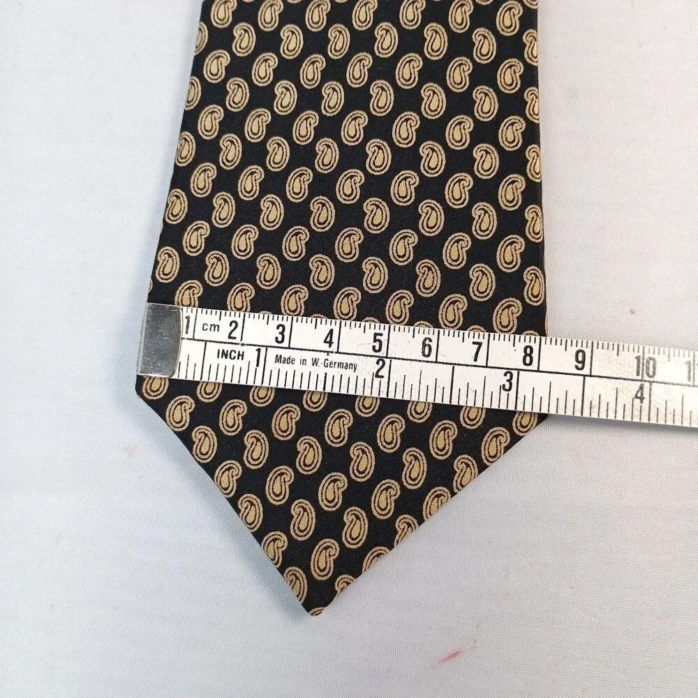LANVIN Paris 100% Silk Made in France Black & Gold Paisley Designer Neck Tie 56